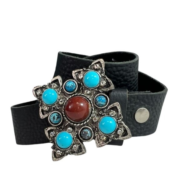 Vintage Leatherock Black Leather Belt w/ Ornate Buckle Cabochons & Crystals M/L main image 4